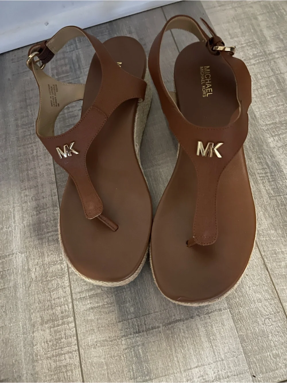 Michael Kors Tan Leather T-Strap Sandals with Gold MK Accent